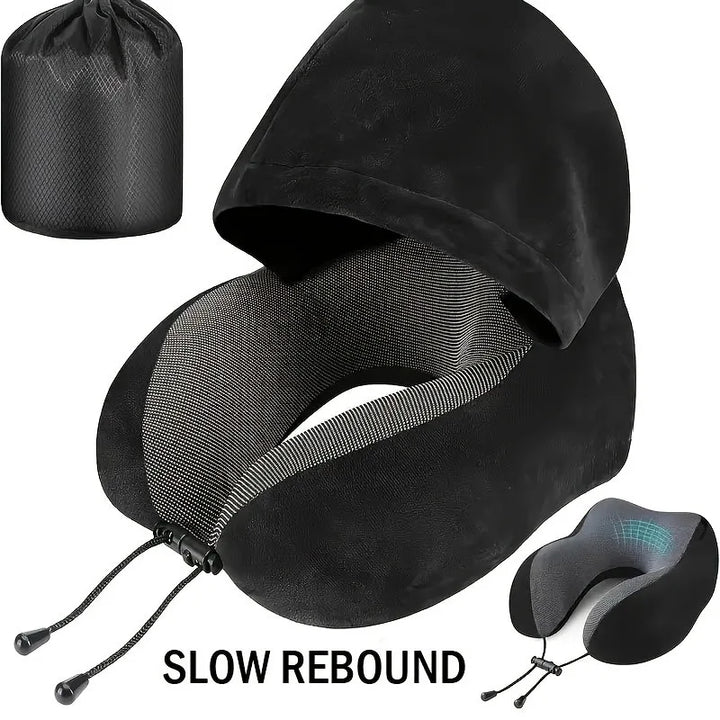 Oreiller de Voyage Mémoire de Forme en U avec Capuche – Support Cervical Portable Avion, Bureau & Voiture