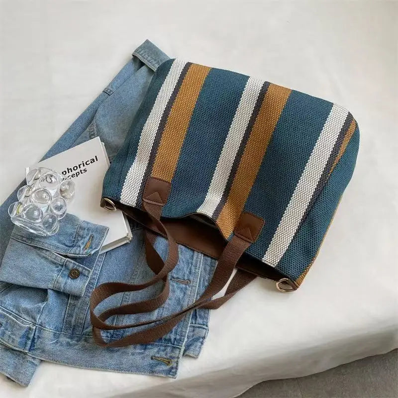 Grand Sac À Épaule Rayé – Cabas Tendance & Bandoulière Casual Grande Capacité