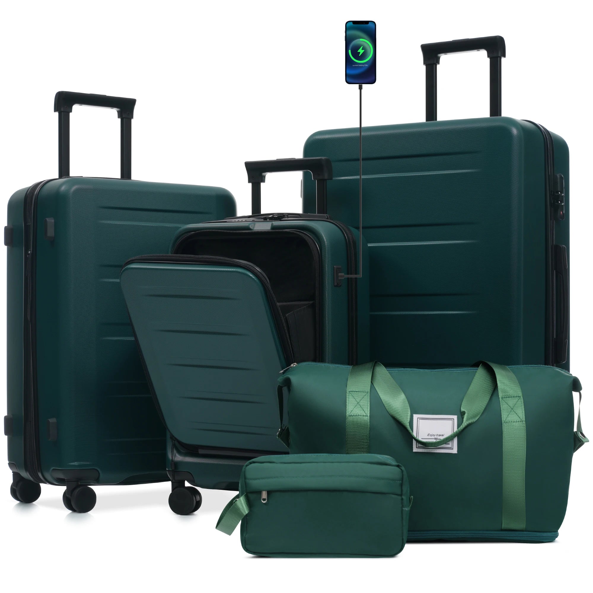 Set Valises 5 Pièces ABS – Ouverture Frontale, Port USB & Roues Spinner 360°