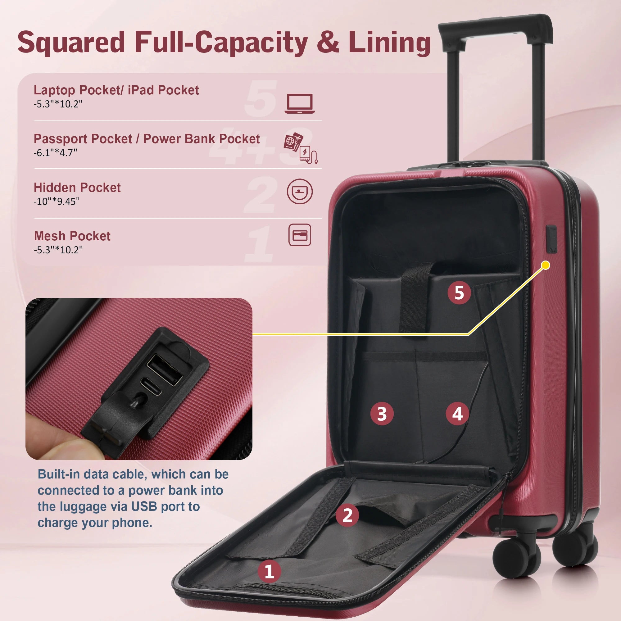 Set Valises 5 Pièces ABS – Ouverture Frontale, Port USB & Roues Spinner 360°