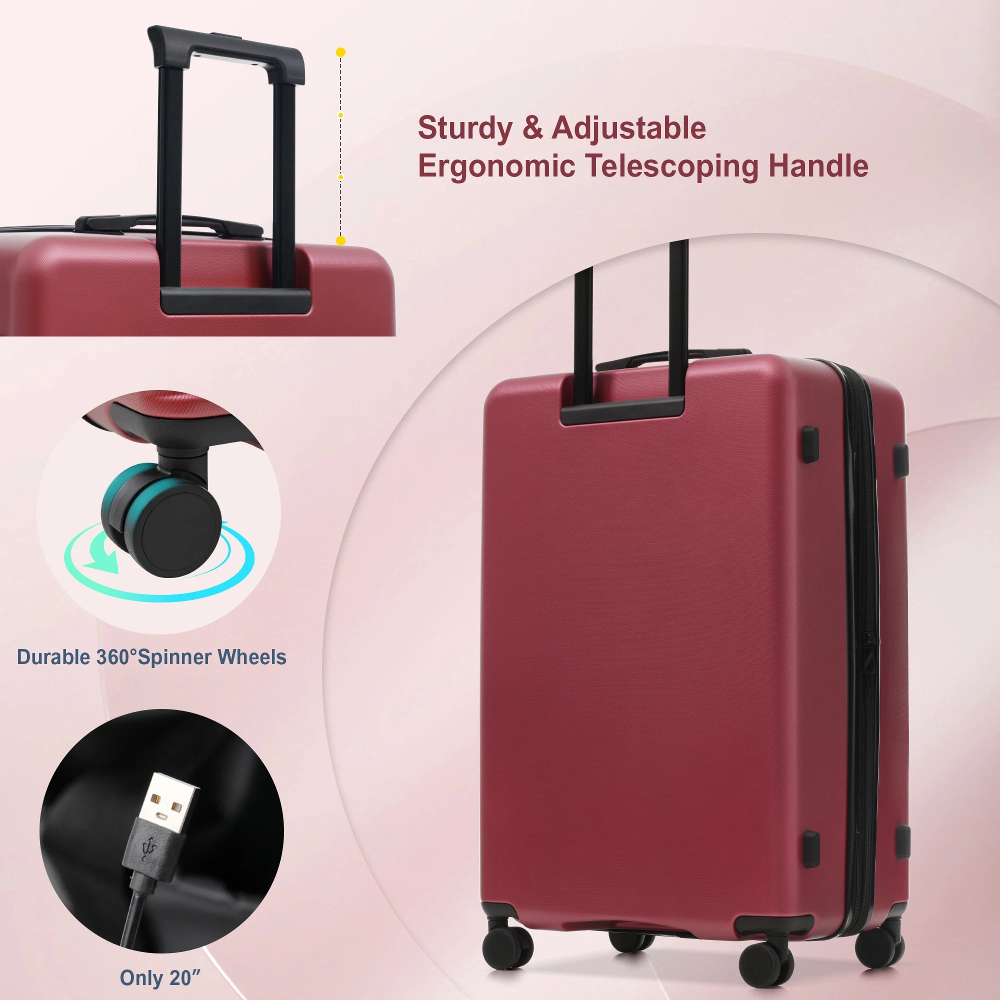 Set Valises 5 Pièces ABS – Ouverture Frontale, Port USB & Roues Spinner 360°