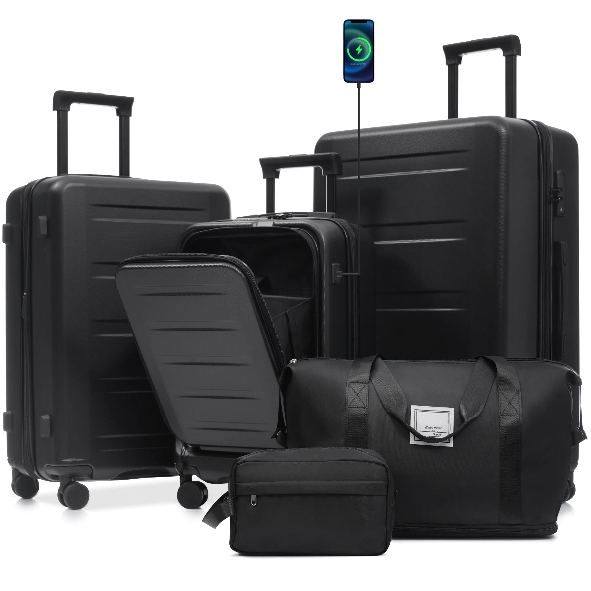 Set Valises 5 Pièces ABS – Ouverture Frontale, Port USB & Roues Spinner 360°