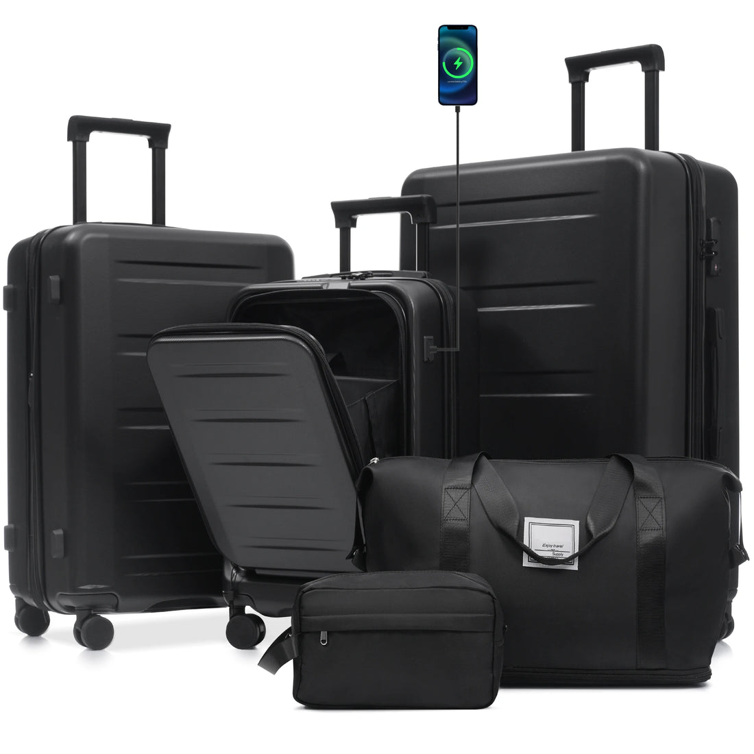 Set Valises 5 Pièces ABS – Ouverture Frontale, Port USB & Roues Spinner 360°