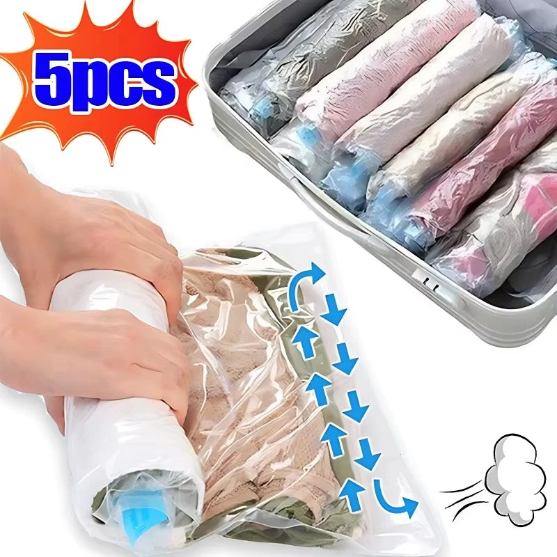 Reusable Travel Clothes Air Vacuum Bags Roll Up Compression Storage Bags For Suitcases Tops Pants Portable Foldable Storage Bags