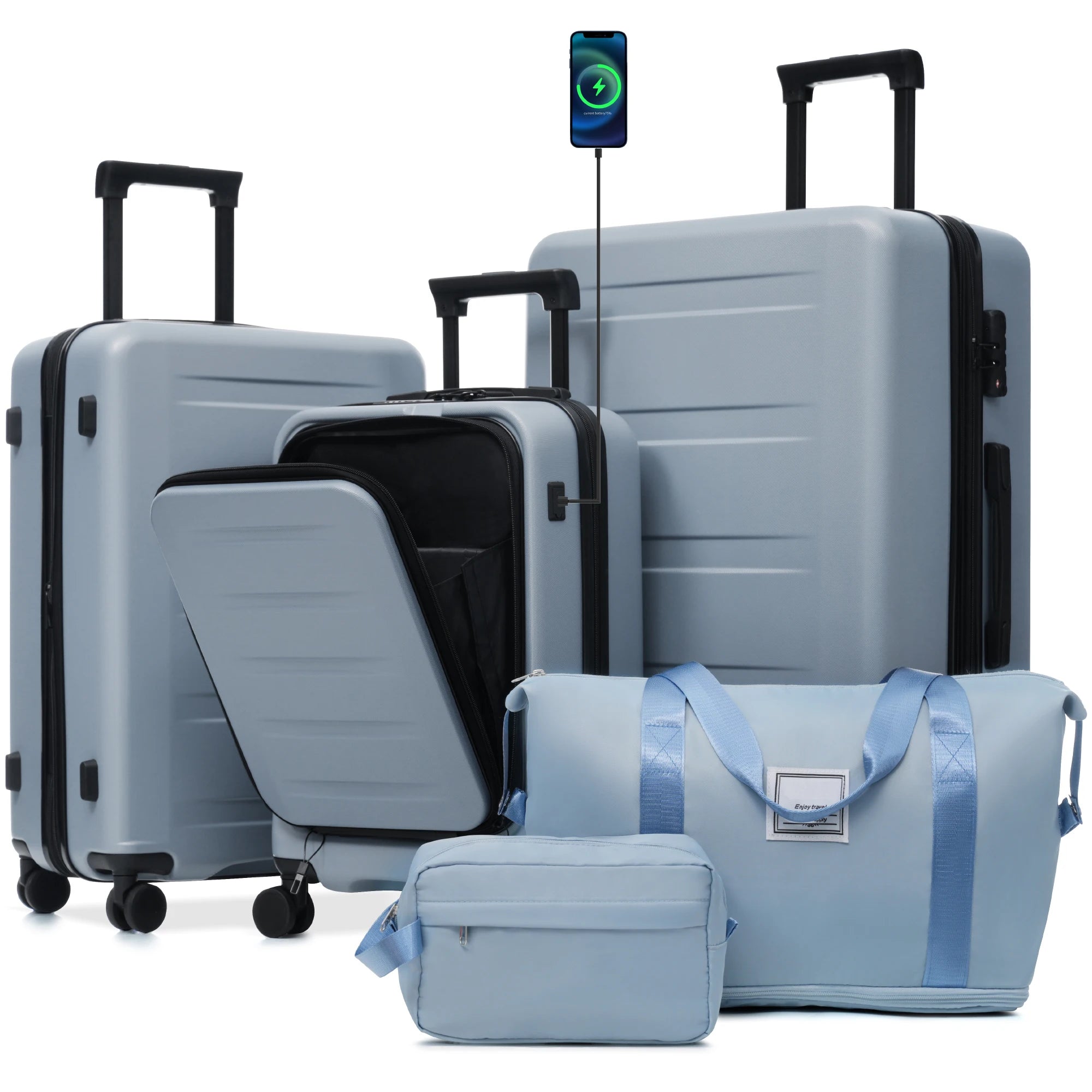 Set Valises 5 Pièces ABS – Ouverture Frontale, Port USB & Roues Spinner 360°