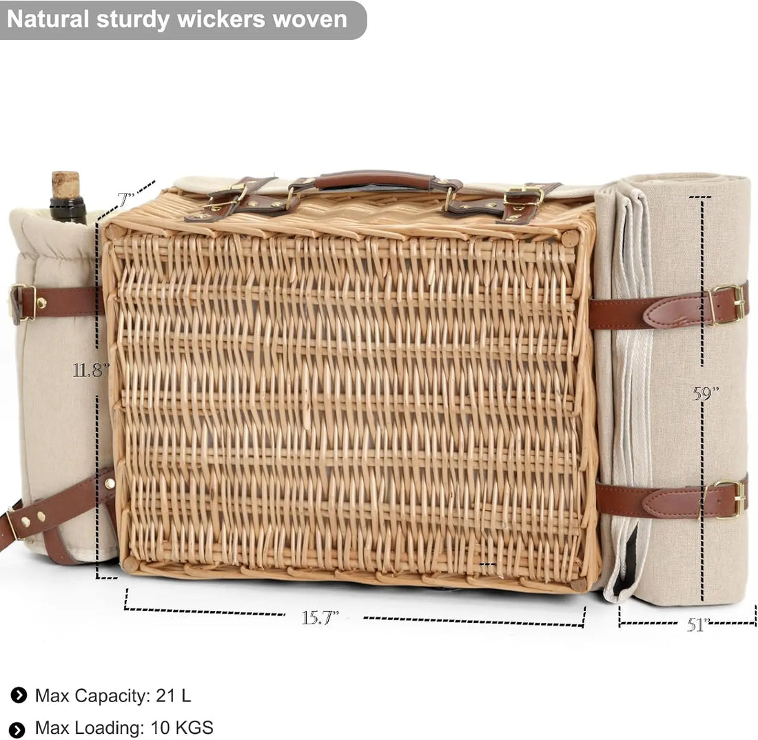 Panier Pique-Nique Osier Tressé pour 4 – Complet avec Couverts & Couverture