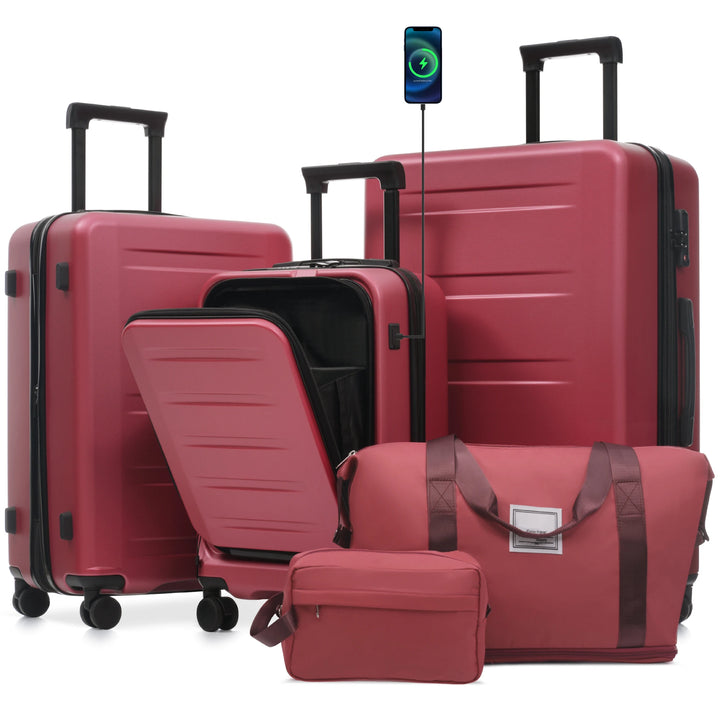 Set Valises 5 Pièces ABS – Ouverture Frontale, Port USB & Roues Spinner 360°