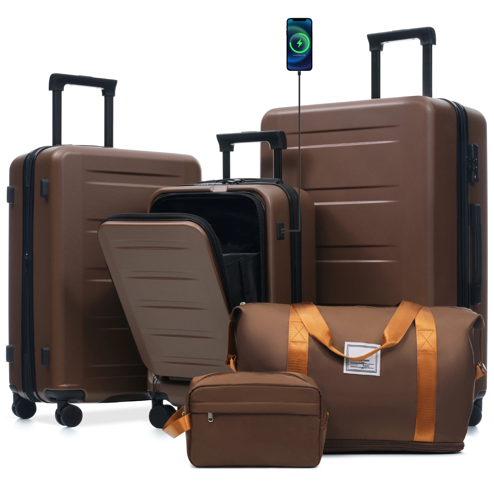 Set Valises 5 Pièces ABS – Ouverture Frontale, Port USB & Roues Spinner 360°