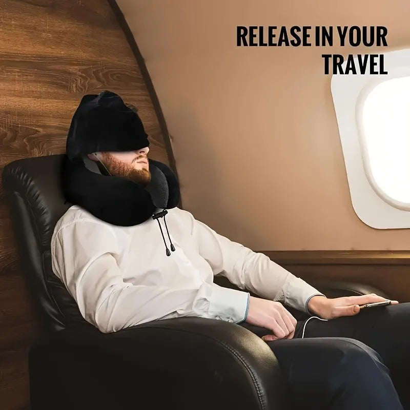 Oreiller de Voyage Mémoire de Forme en U avec Capuche – Support Cervical Portable Avion, Bureau & Voiture