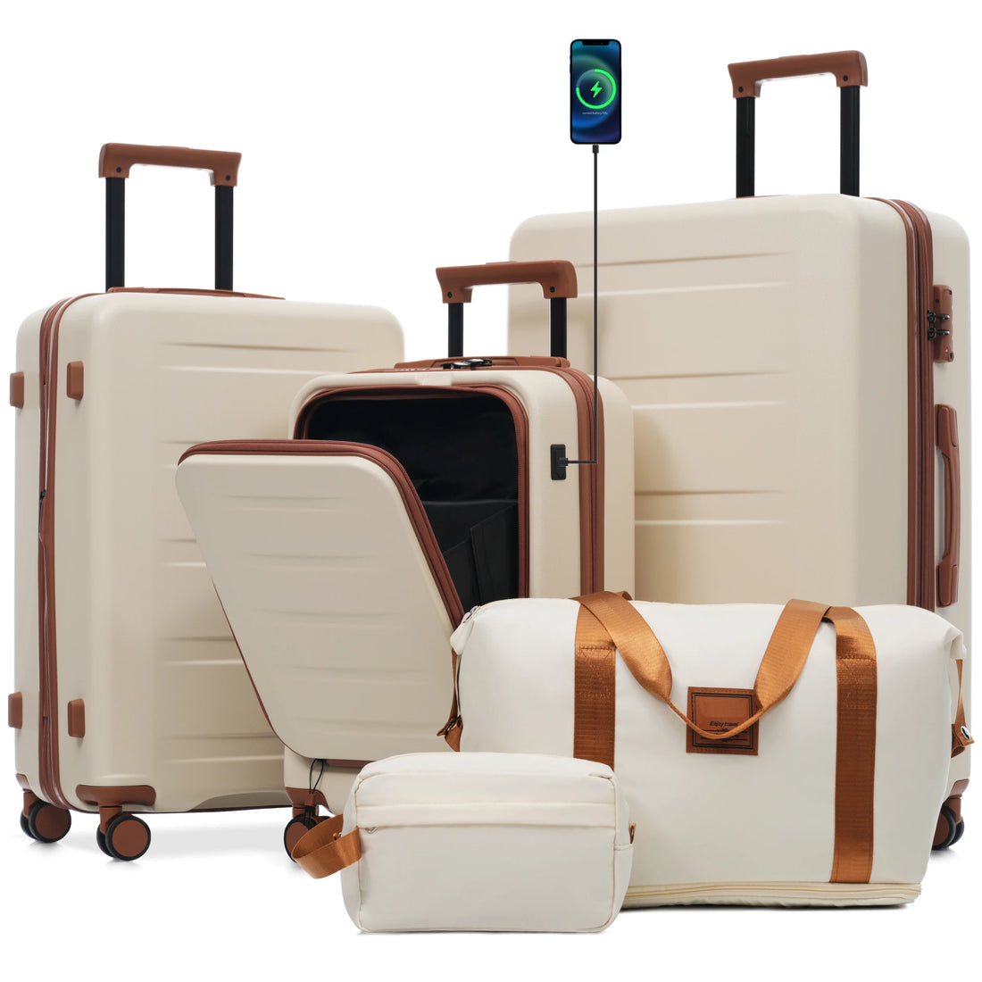 Set Valises 5 Pièces ABS – Ouverture Frontale, Port USB & Roues Spinner 360°