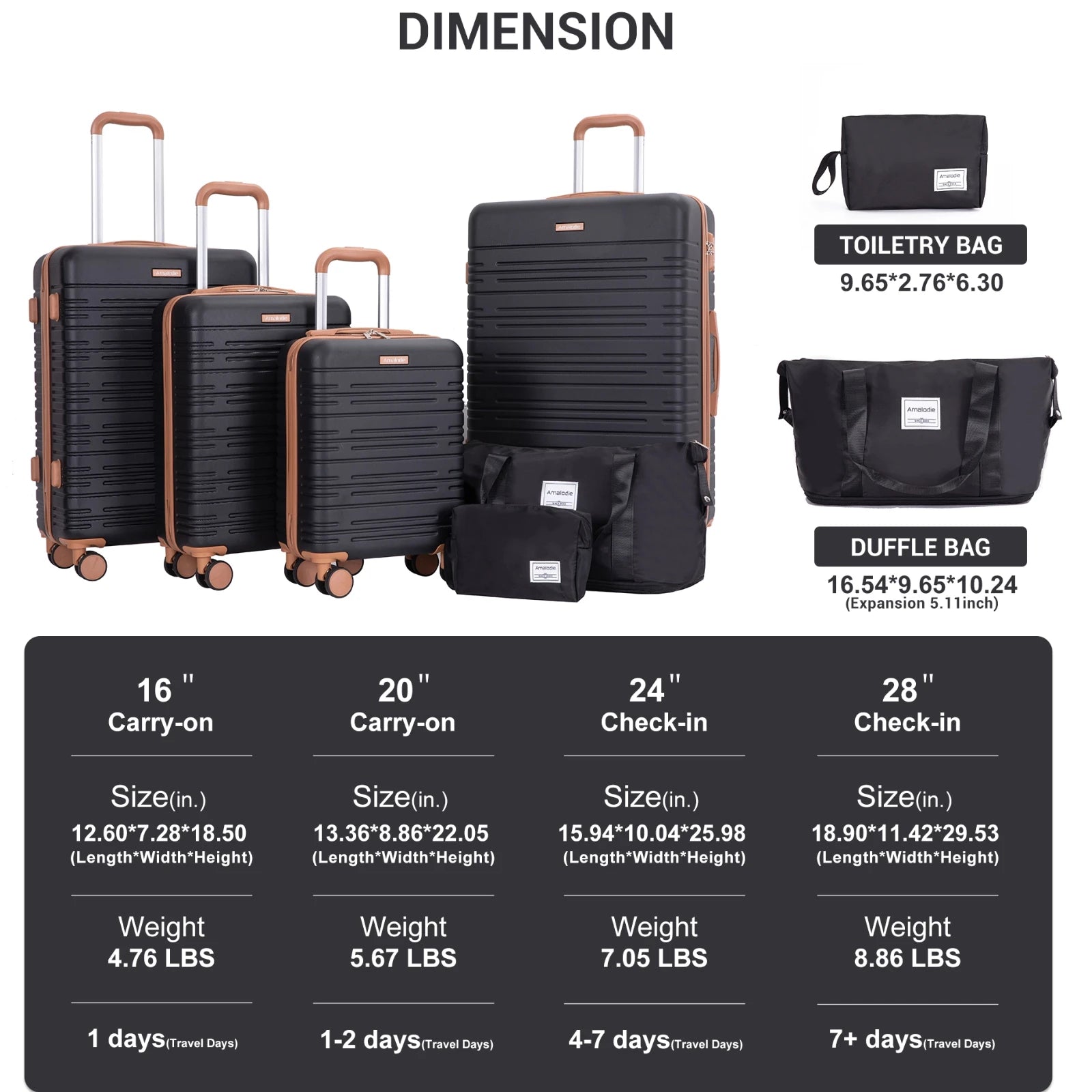 Set Valises 6 Pièces Coque Rigide – Roues Spinner Double, Serrure TSA & Sac de Voyage