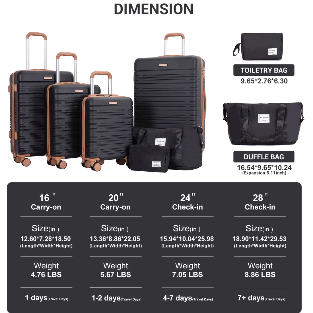 Set Valises 6 Pièces Coque Rigide – Roues Spinner Double, Serrure TSA & Sac de Voyage