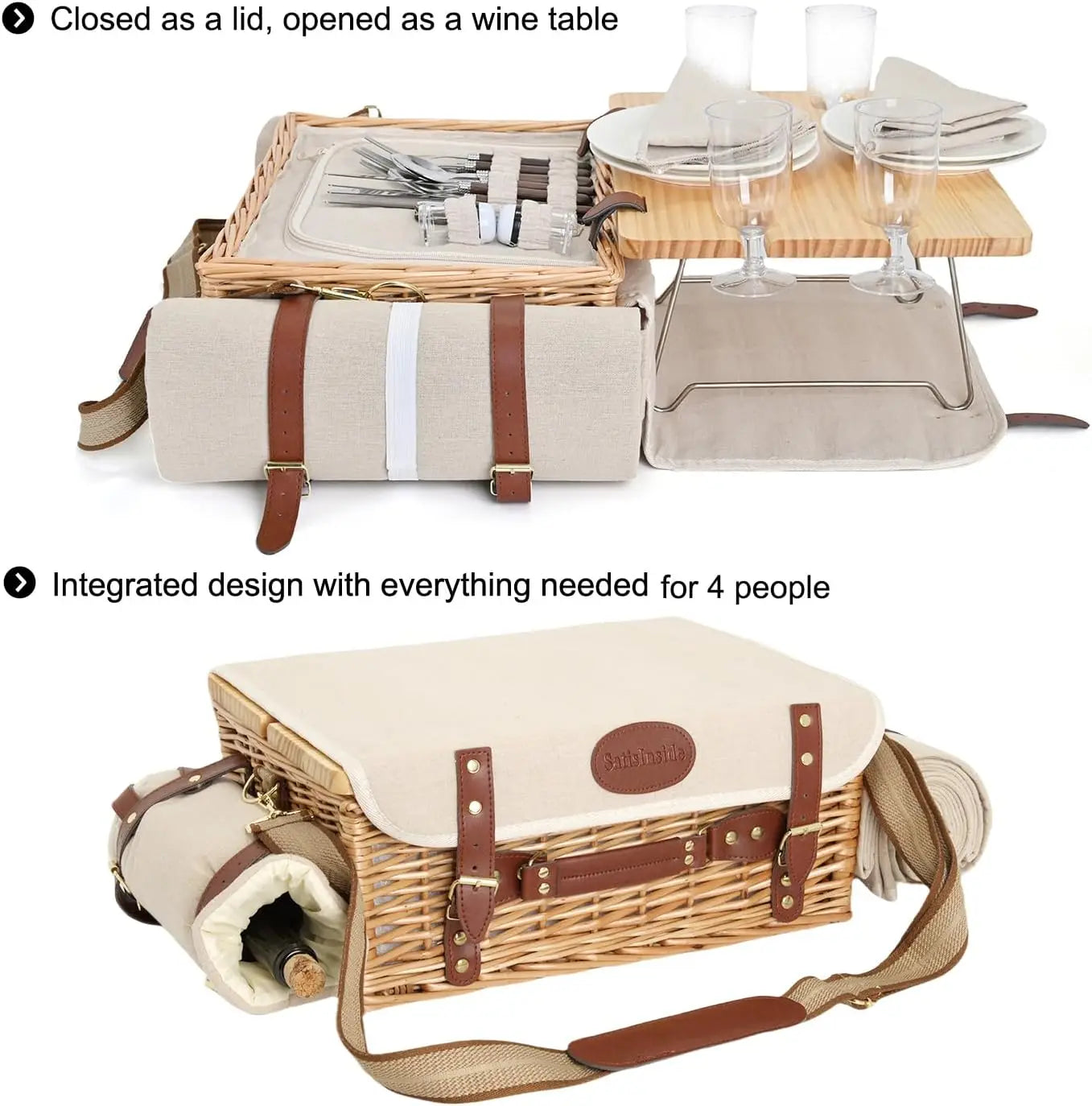 Panier Pique-Nique Osier Tressé pour 4 – Complet avec Couverts & Couverture