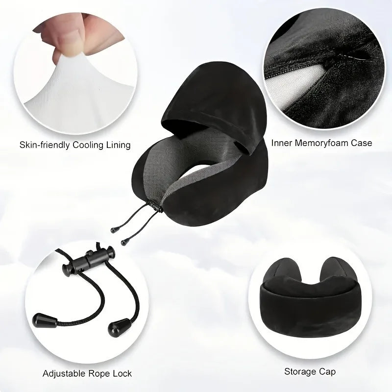 Oreiller de Voyage Mémoire de Forme en U avec Capuche – Support Cervical Portable Avion, Bureau & Voiture