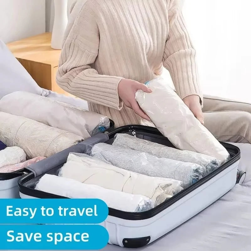 Reusable Travel Clothes Air Vacuum Bags Roll Up Compression Storage Bags For Suitcases Tops Pants Portable Foldable Storage Bags