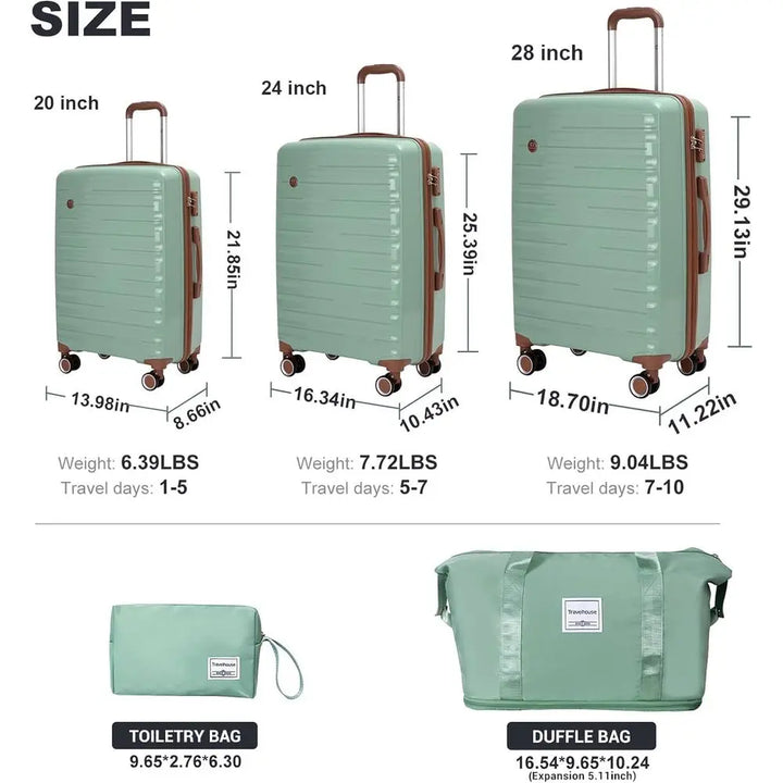 Set Valises 5 Pièces Coque PP Ultra-Résistante – Roues Spinner & Sac Week-End Extensible