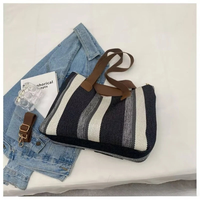 Grand Sac À Épaule Rayé – Cabas Tendance & Bandoulière Casual Grande Capacité